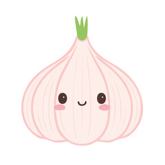 A charming illustration of a smiling garlic bulb with rosy cheeks and a green sprout. A simple and delightful depiction