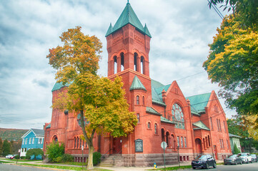 first methodist church corning new york with vibrant autumn colors