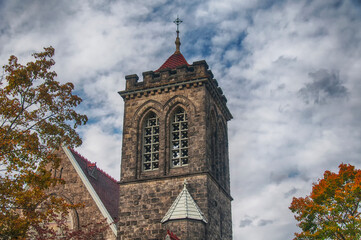 The landmark Christ Episcopal church in autumn in Corning New York