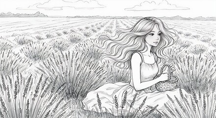 Serene Girl in Lavender Field A Penciled Dream
