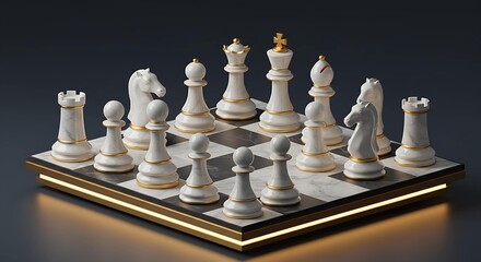 Elegant White and Gold Chess Set on Marble Board A 3D Render