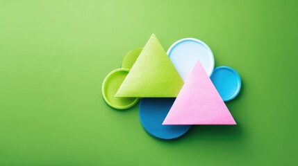 Abstract Geometric Composition with Textured Triangles and Circles on Green Background