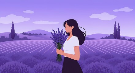 Woman in Lavender Field Purple Sunset Landscape Illustration