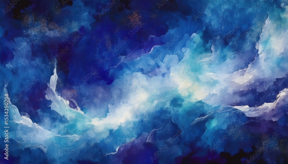 Poster ethereal abstract swirl of luminous blue and white clouds with star-speckled texture on dark cosmic 