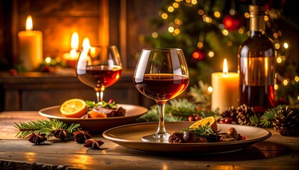 Fototapeta premium Two elegant glasses of mulled wine, garnished with oranges and spices, are displayed warmly on a rustic table near a festive Christmas tree and soft candlelight.
