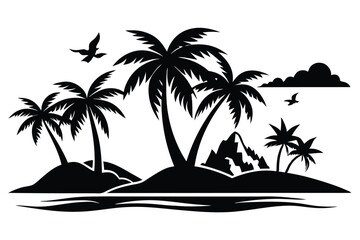 Silhouette of Tropical Island with Palm Trees, Mountains, Birds, and Clouds Above Ocean