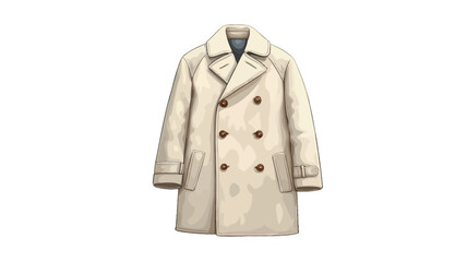 Naklejka premium A digital illustration of a cream-colored, double-breasted peacoat. The coat is shown hanging against a pure white background. The coat has a notched lapel, four visible buttons down the front,