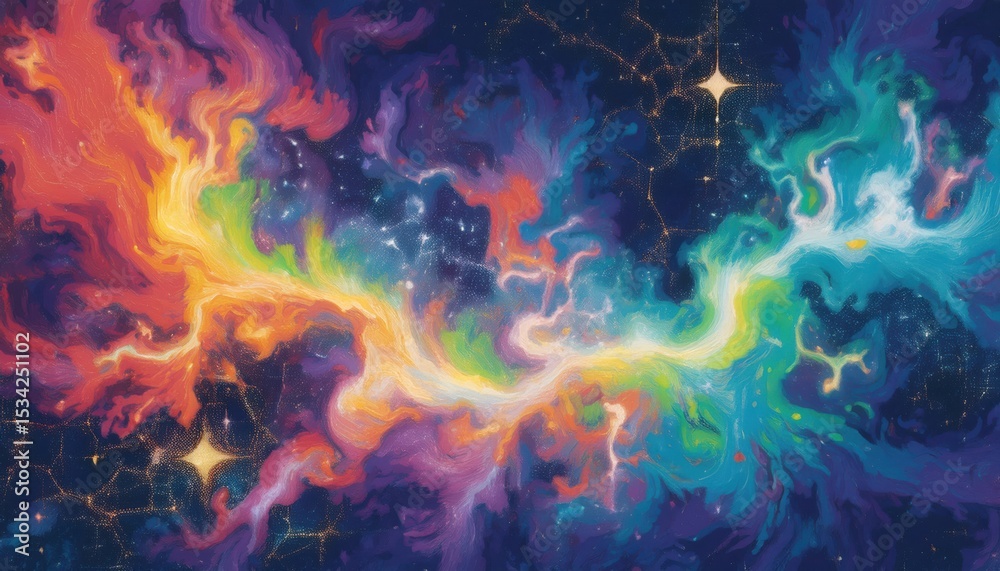 Aufkleber vibrant cosmic nebula swirl with rainbow spectrum gas clouds and glowing stars in deep space backgro