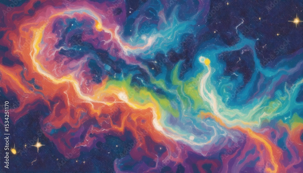 Poster vibrant cosmic nebula swirl with rainbow spectrum gas clouds and glowing stars in deep space backgro