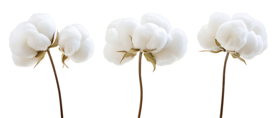 A trio of cotton flower blooms on slender stems, showcasing their fluffy white petals and natural beauty. Ideal for themes of nature, agriculture, or textile production.