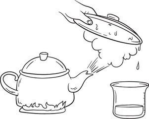 Hand-drawn illustration featuring a boiling kettle or teapot on a burner, with steam escaping, and a hand lifting a lid with condensation. This versatile doodle set is perfect for designs.
