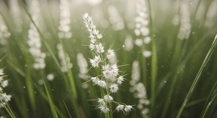 White Wildflower with Green Grass Background