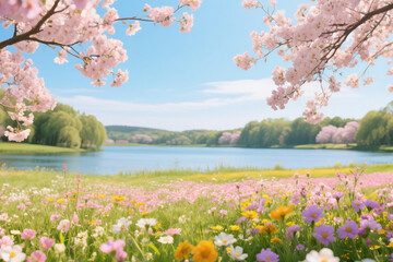 Fototapeta premium Vibrant Floral Field with Water View