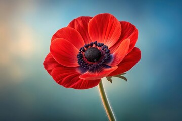 Photorealistic close-up of vibrant red anemone flower with detailed petals and soft blurred background