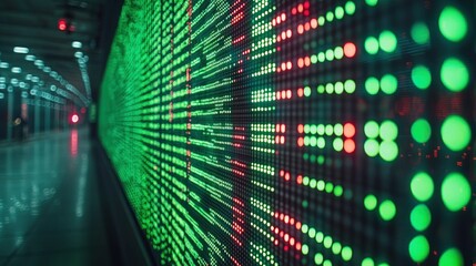 Green, red data display blurs into industrial background