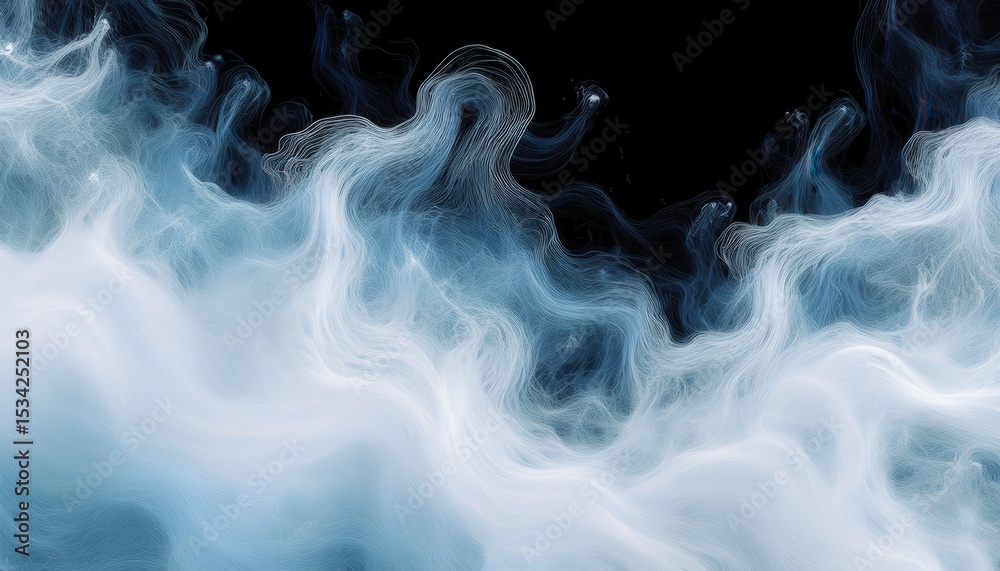 Poster ethereal wisps of white and blue smoke like fractals on black background, resembling flowing energy 
