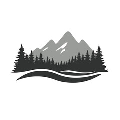 Mountain landscape silhouette with forest and river