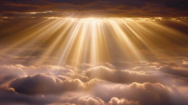 Dramatic Golden Sun Rays Shining Down Through Serene Clouds in the Sky