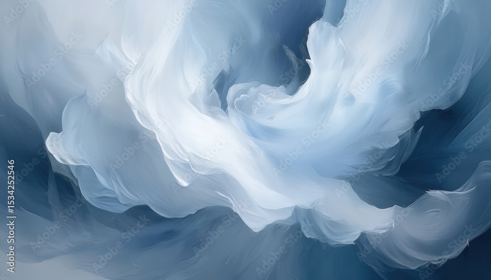 Poster ethereal white and blue abstract wave motion in fluid texture painting with soft flowing curves and light gradients for modern web design, print art, or branding background

