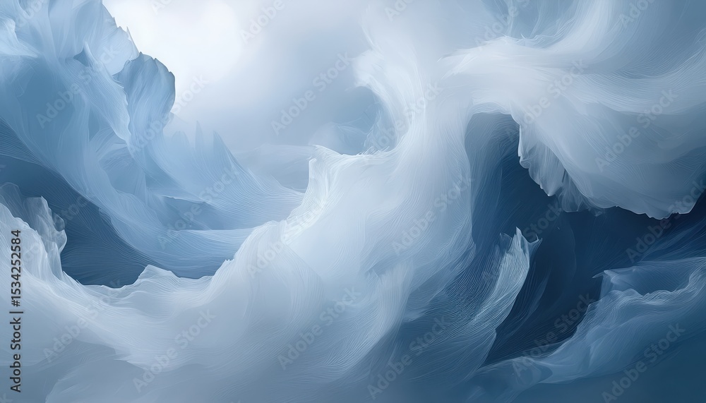 Poster ethereal white and blue abstract wave motion in fluid texture painting with soft flowing curves and light gradients for modern web design, print art, or branding background

