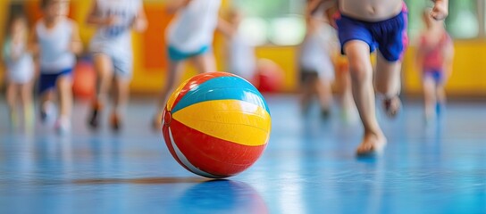 Children running in gym with colorful ball
