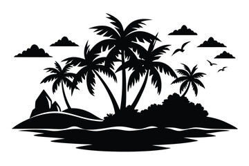Silhouette Tropical Island with Palm Trees, Ocean, Birds, and Clouds Vector Illustration