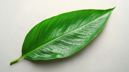 Obraz premium Green leaf with water droplets on off-white background