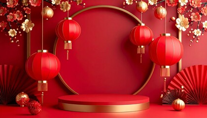 A vibrant Lunar New Year display showcases red lanterns and delicate blossom branches around a central stage for product presentations and festive celebrations.