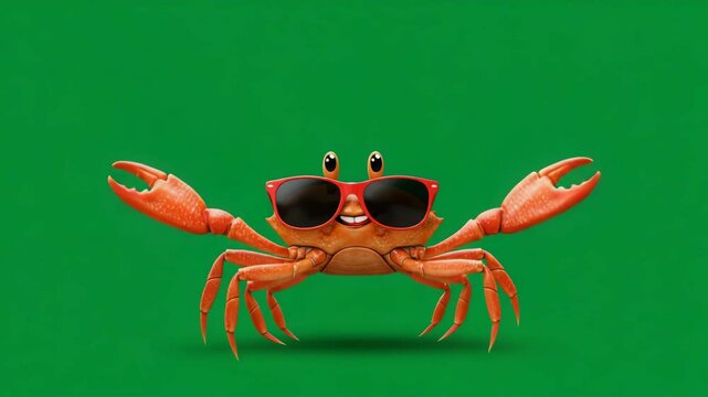 Cool Crab in Sunglasses on Green Screen - A cheerful cartoon crab wearing red sunglasses is shown against a bright green background.