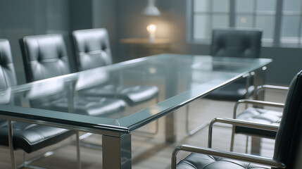 Modern office meeting room with glass table and leather chairs, conveying professionalism and corporate efficiency.