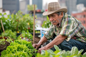 Portrait of a senior man smiling while gardening outdoors. Wearing a hat and apron, he tends to plants in a small urban garden. Concept of active retirement, healthy lifestyle, sustainable living and 