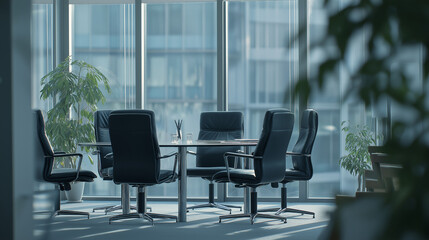 Modern office meeting room with glass table and leather chairs, conveying professionalism and corporate efficiency.