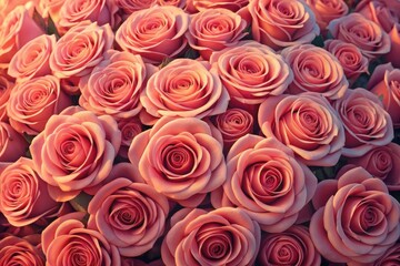 Close-up view of blooming pink roses in natural light with soft textures and romantic ambiance