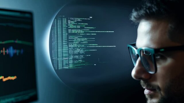 Close-up of a male programmer's eyes with eyeglasses in front of computer monitor. Close-up of the programmer's eyes reveals determination and passion as he masters coding on his laptop.