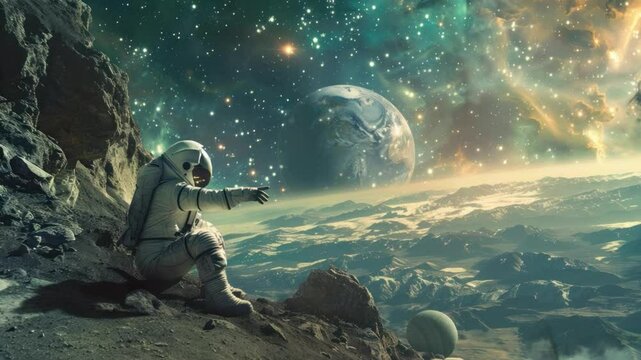 Astronaut gazing at Earth from a desolate alien landscape, stars and nebulae in the background. The astronaut is seated on a rocky outcrop, seemingly contemplating the vastness of space.