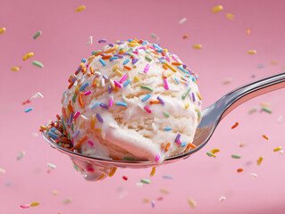 A scoop of vanilla ice cream with sprinkles on a spoon against pink background