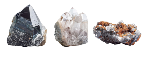 Three different types of crystals a clear quartz crystal, a black crystal, and a cluster of small white crystals.