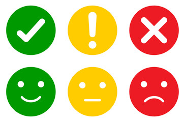 Set of green, yellow, and red round icons showing check marks, cross mark, alerts, and emoticons. Set of colorful check mark, cross, exclamation mark, and emoticons for happy, neutral, and sad moods.