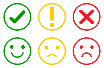 Set of green, yellow, and red round icons showing check marks, cross mark, alerts, and emoticons. Set of colorful check mark, cross, exclamation mark, and emoticons for happy, neutral, and sad moods.