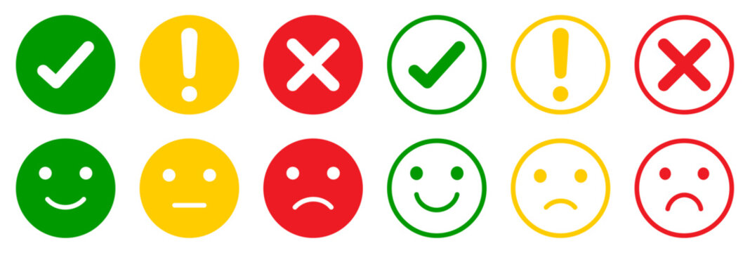 Set of green, yellow, and red round icons showing check marks, cross mark, alerts, and emoticons. Set of flat round check mark, exclamation point, X mark icons, buttons with feedback emoji vector set.