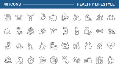 Healthy lifestyle set of web icons in line style. Fitness and sport icons for web and mobile app. Work and rest, physical activity, exercise, gym, sleep, body care and a diet. Editable stroke
