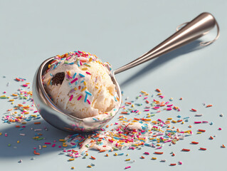 A scoop of vanilla ice cream with sprinkles on a blue background close up shot