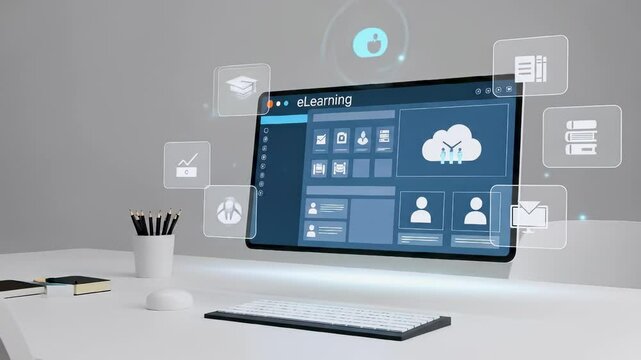 Minimalist digital eLearning dashboard floating mid-air above a desk, surrounded by holographic academic icons such as books, cloud storage, and user profiles, education concept