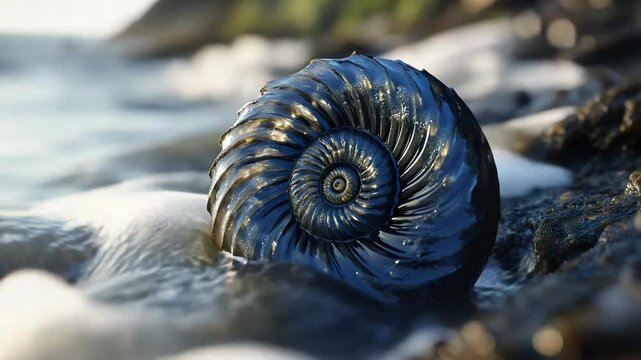 A close up of a snail 's shell on a rocky beach
