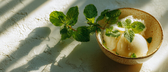 A bowl of ice cream with mint leaves on a textured surface in bright sunlight