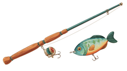 A digital illustration depicting a fishing rod with a wooden handle and a teal-colored rod, a fishing reel attached, and a separate realistic-looking fishing lure in the shape of a fish with orange