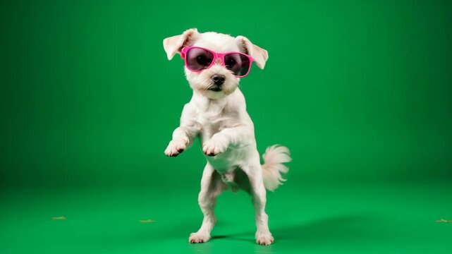 Adorable Puppy Dancing in Pink Sunglasses Against Green Screen - A cute white puppy wearing pink sunglasses stands on its hind legs, playfully dancing against a bright green background.