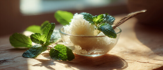 Close up of a bowl of granita with mint leaves on a wooden surface in sunlight