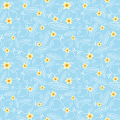 Hand-Drawn Lemon and Floral Seamless Pattern on Light Blue Background, Vector Design

