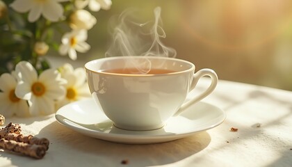 Hot tea in a white cup with steam and white daisies on table